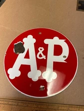 Vintage A&P Supermarkets Genuine Enamel Porcelain Sign Round Size