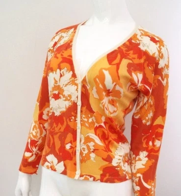 Loro Piana Fine Cashmere Cardigan Sweater Size 46 Italy Orange Floral V Neck