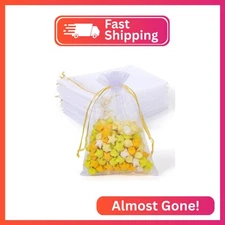 100PCS Premium White Organza Bags with Gold Drawstring, 4x4.72inch Wedding Favor
