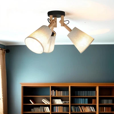 Deckenleuchte 3-flammig Skandinavisch Leinen Holz Metall Wohnzimmer Deckenlampe - Bild 1 von 4