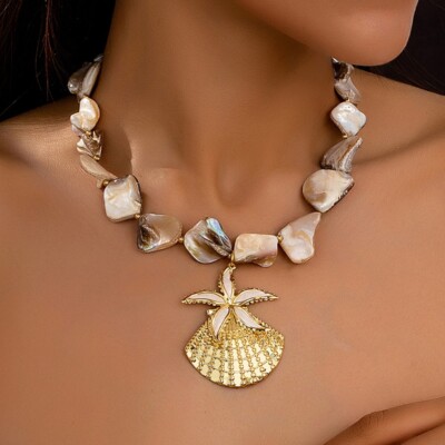 Sea Shell Necklace Layered Gold Starfish Choker Handmade Ocean Sea Inspired