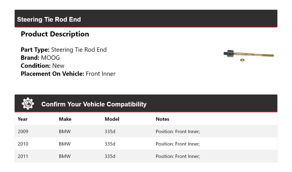 Para BMW 335d 2009-2011 extremo de barra de dirección interior delantero MOOG 2009 2010 2011 Foto 2 de 4