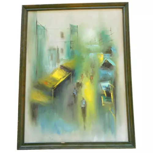MCM Asian Filipino Abstract Cityscape Original Oil Painting Unsigned Vintage