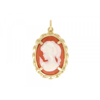 Pendentif Camée Rouge Cornaline En Plaqué Or 18 Carats 750/1000 Bijoux Femme - Photo 1/4