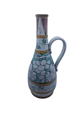 Hand Painted Wine Jug Mid Century Italian Incised Floral 11 in Chianti Gift