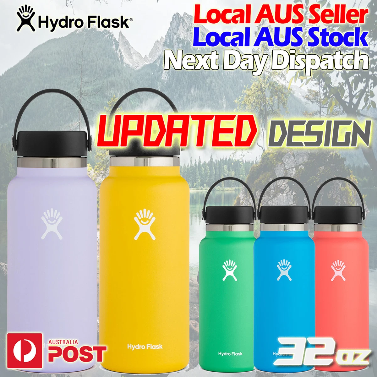 Hydro Flask 32oz Wide Mouth Water Bottle with Straw Lid, Mountain Design