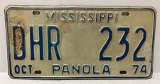 Etiqueta de matrícula vintage 1974 PANOLA COUNTY Mississippi (Batesville, Miss)