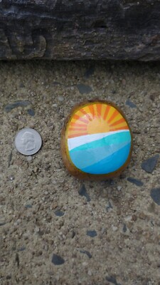 Small Hand Painted Rock Stone Art Sunset Sunrise Ocean Nautical Beach Sea Summer