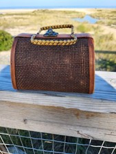 Vintage Wood And Burlap Weave Boxy Purse Metal Clasp Wooden Handles
