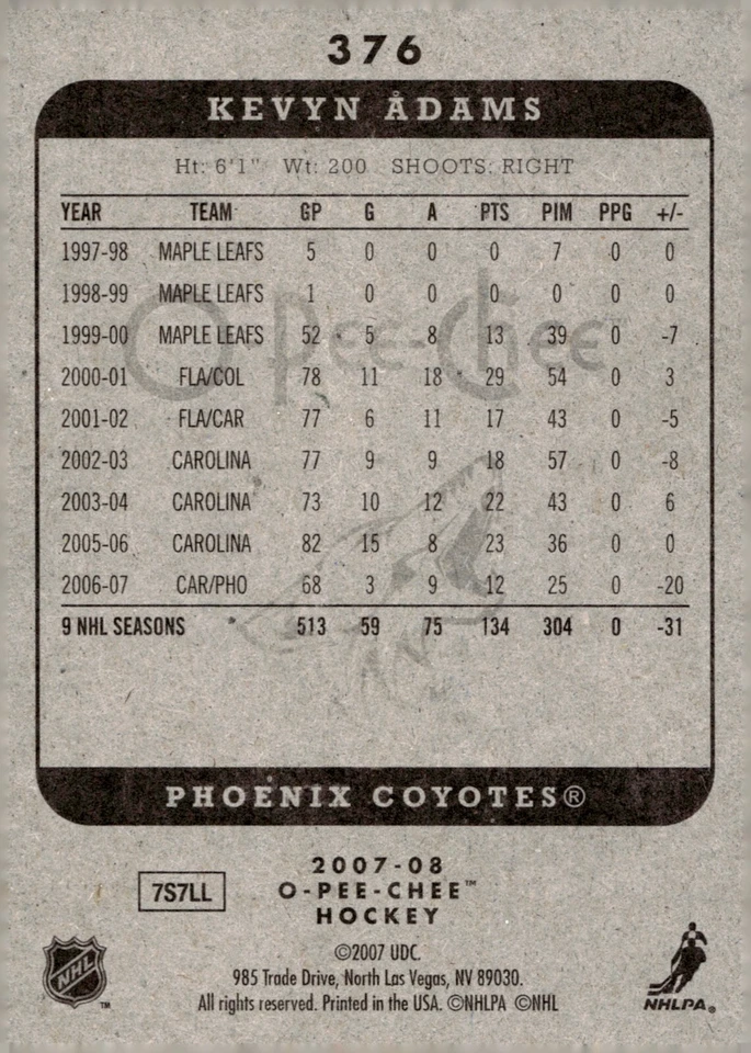 Kevyn Adams - Signed 2007-08 O-Pee-Chee Card #376 - Image 2 of 2