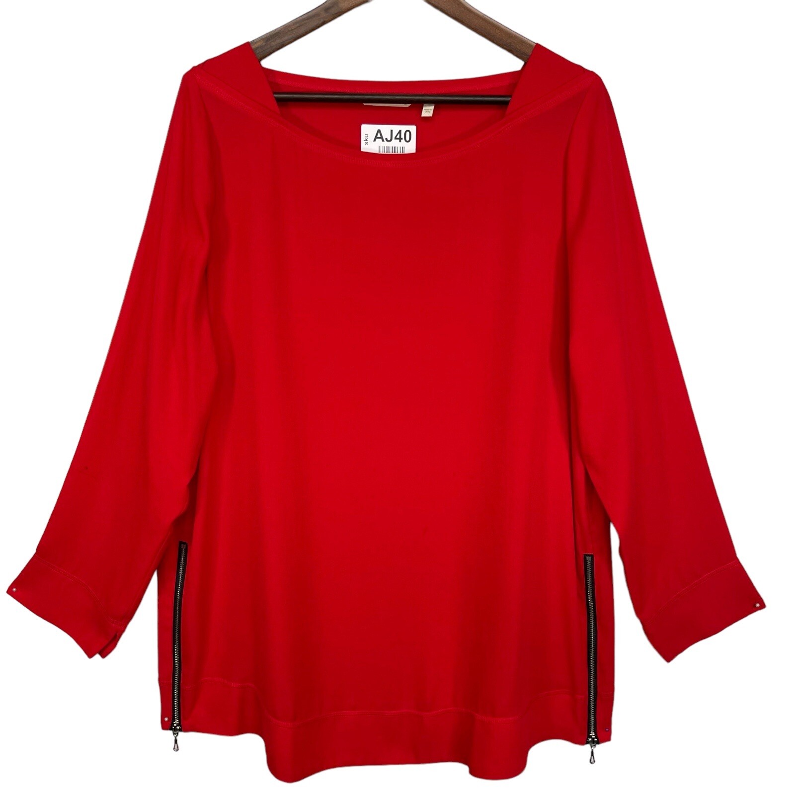 Soft Surroundings Tunic Shirt Top Women L Red Zipper Side Pullover 3/4 Sleeve