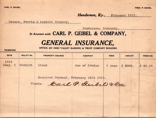 1914 Carl P Geibel & Company  General insurance Billhead  HENDERSON KY 