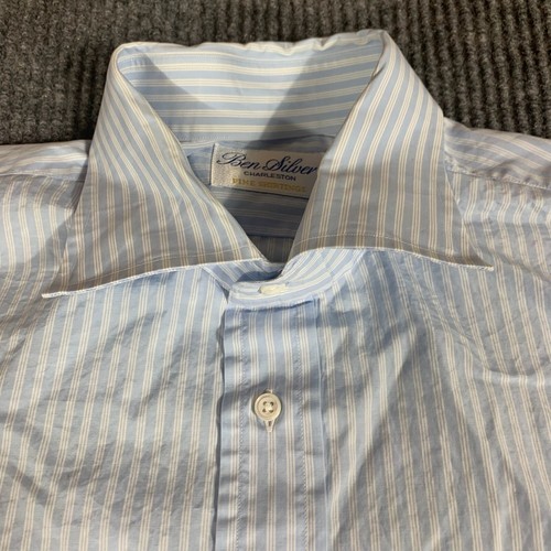 Ben Silver Shirt Mens 16.5 38 XL Blue Striped Cotton Formal Wedding Dress Fine - Picture 2 of 15