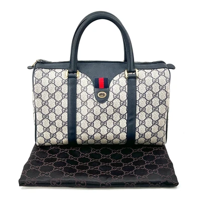 Vintage GUCCI Mini Boston Bag GG Sherry Line PVC Navy Hangbag Authentique - Photo 1/4