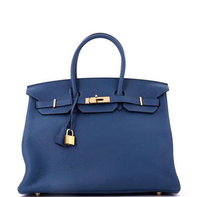 Hermes Birkin Handbag Blue Clemence with Gold Hardware 35