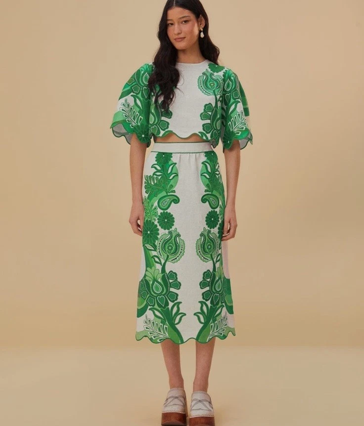 Anthropologie Farm Rio Color Festival Linen Midi Skirt Green Sz XXS NWT