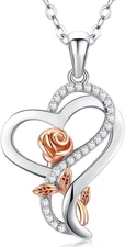 Christmas Gifts for Women, Sterling Silver Heart Rose Necklaces for Women, Birth