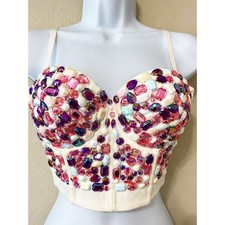 Crystal Embellished Bustier Crop Top Corset 38C Pink Purple Rhinestone Strapless