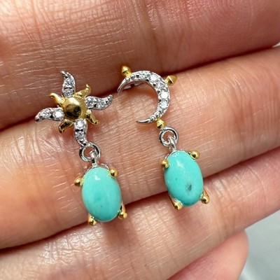 925 Sterling Silber Ohrringe 6x4mm Natur Türkis Zirkon Sonne&Mond Tropfen Geschenk