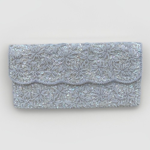 Beaded Sequin Clutch Purse Wedding Formal Vintage Ivory Satin Seed Pearl - Picture 1 of 12