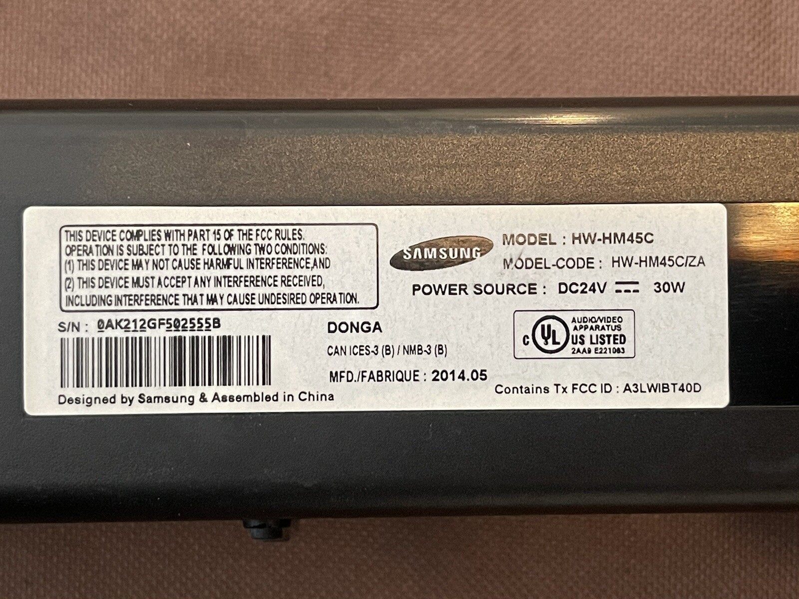 Samsung HW-HM45C Soundbar with power cord