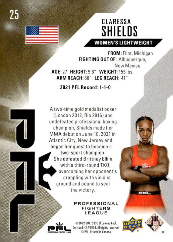 CLARESSA SHIELDS RC 2022 Upper Deck Professional Fighters League Gold ID:131771 - Image 2 of 2