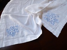 White Cotton hand made Blue Flower Embroidery Accent Tea Table Cloth 43" x 42"