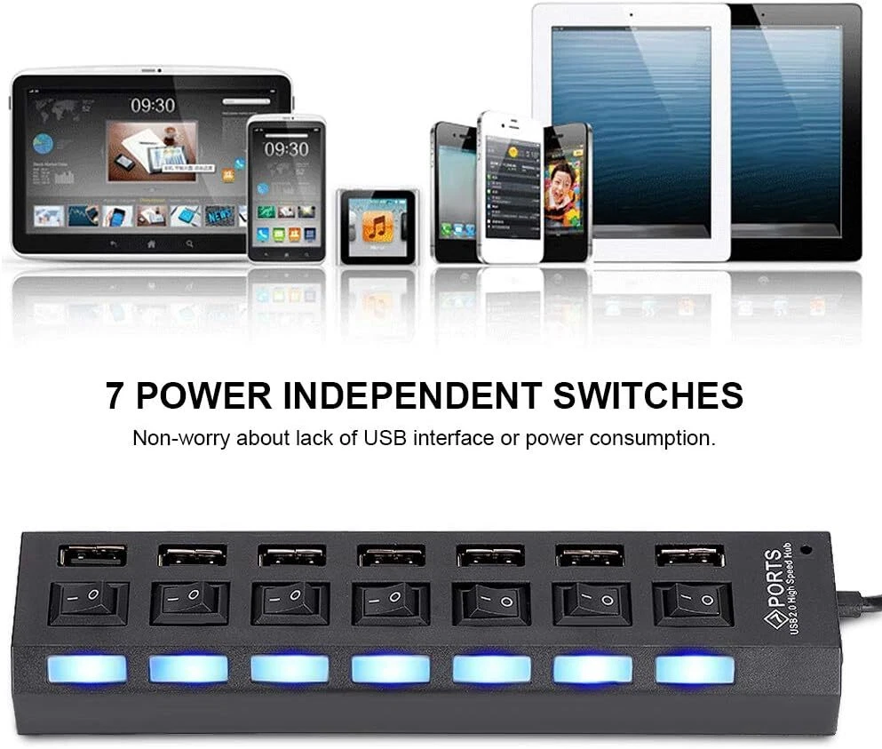USB Hub 7 Port On/Off Switch High Speed Splitter AC Adapter Cable PC Laptop Lot