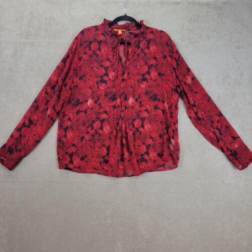 Joe Fresh Sheer Red Black Floral Ruffle Collar Tie Front Long Sleeve Top Size XL