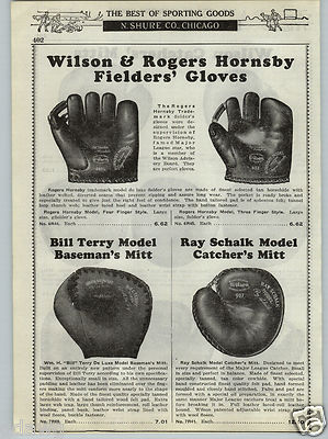 1937 PAPER AD Wilson Baseball Glove Rogers Hornsby Bill Terry First Basemen 1st