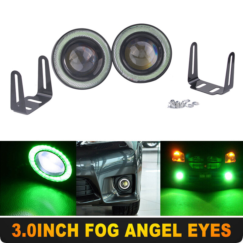 3.5 Inch LED Fog Lights With Green COB Halo Angel Eye Rings - HID White Output - 12V