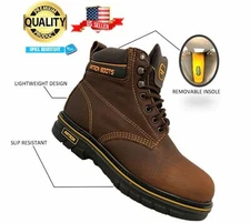 MEN'S WORK BOOTS ROUND TOE SLIP RESISTANT GENUINE LEATHER LACE UP SAFETY BROWN 