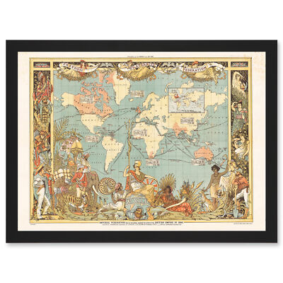 Crane 1886 Pictorial Map British Empire World Brittania Framed A3 Wall Art Print