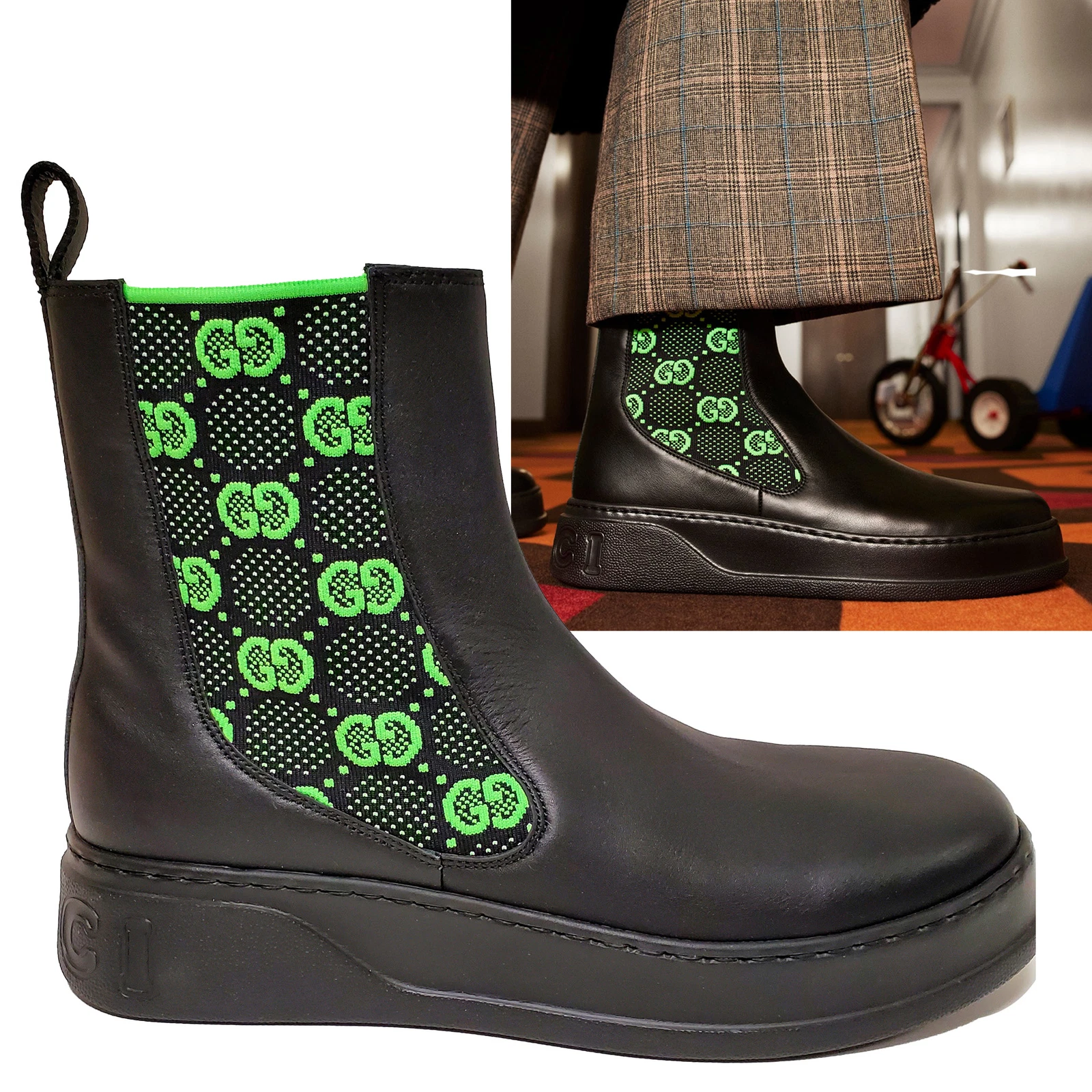 BOTTES GUCCI HOMME CUIR NOIR GG SUPRÊME JERSEY BOTTINES 1 taille 9 9,5