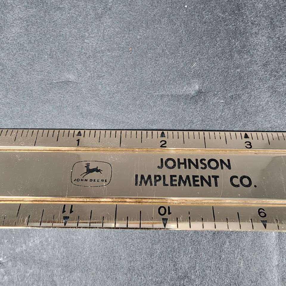 Vintage John Deere Johnson Implement Co. Gold-Toned Metal Ruler 12