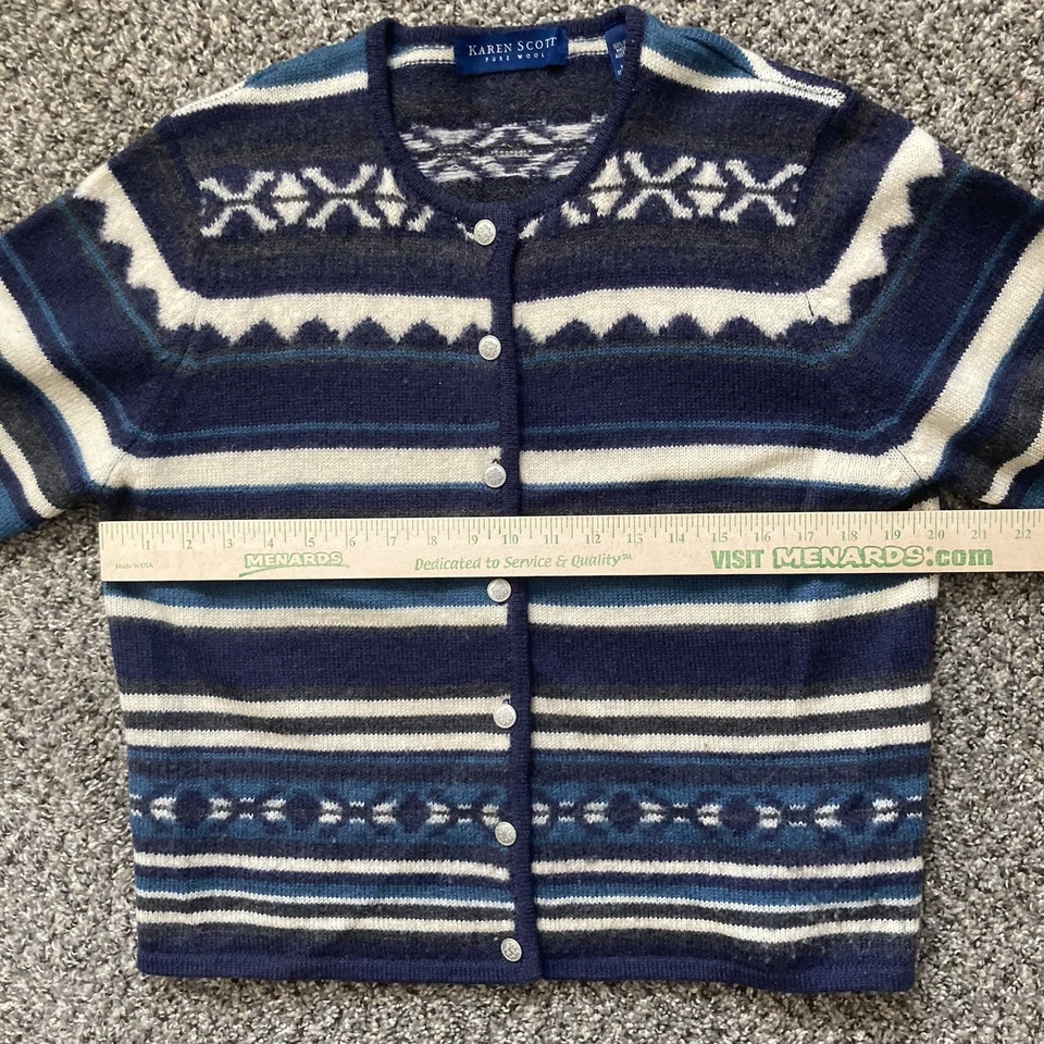 Cárdigan suéter para mujer Karen Scott azul medio 100 % lana rayas abotonadas Foto 4 de 4
