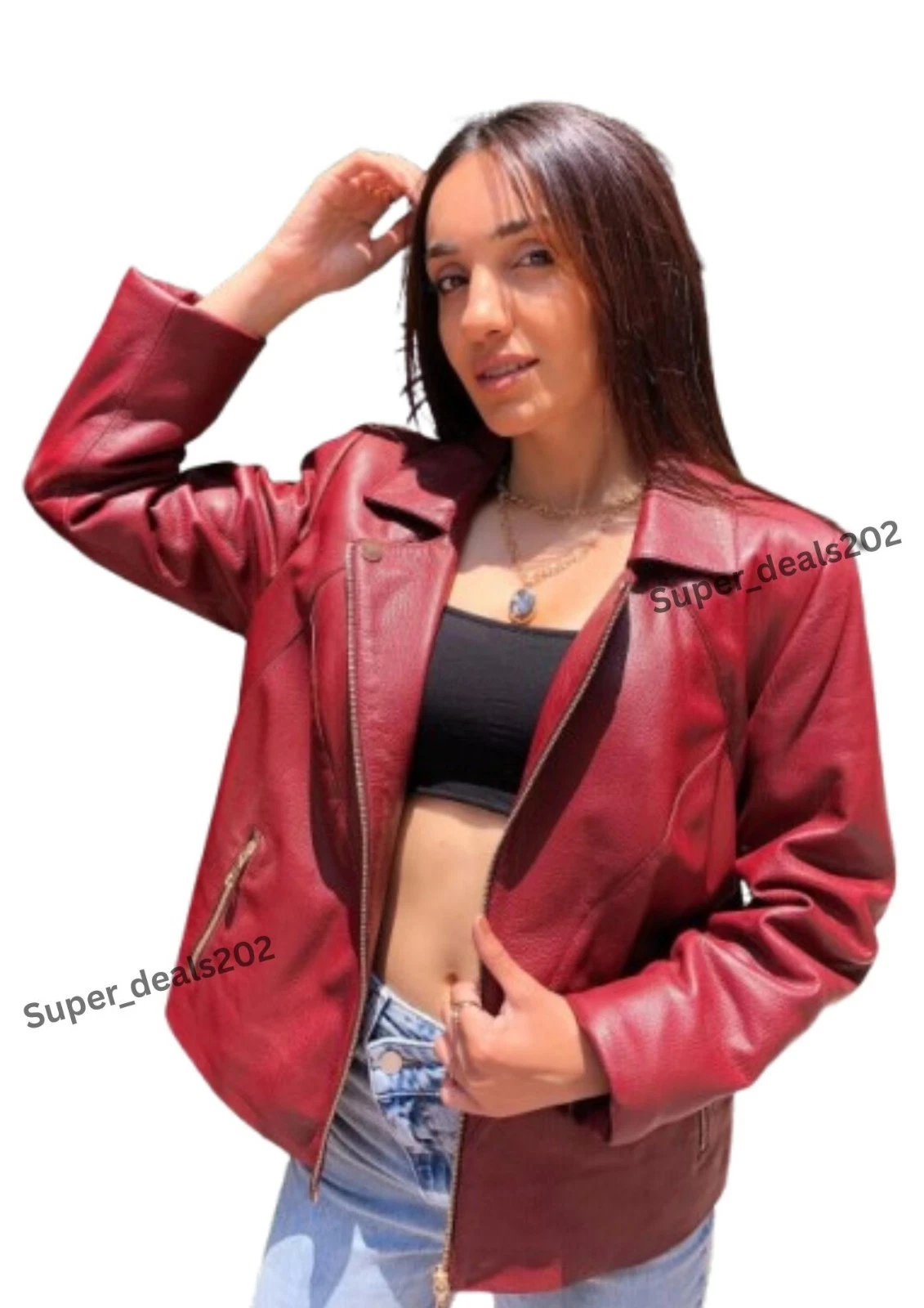 Womens Red Leather Jacket Oversized Moto Biker Zip Cropped Party Streetwear Tops