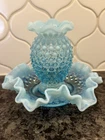 Fenton (UNMARKED) Blue Turquoise Milk Glass Hobnail Ruffled Vase & Dish.  C DESC