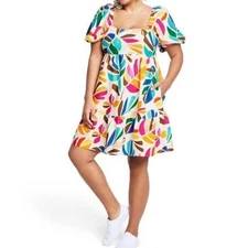 Tabitha Brown for Target botanical print puff sleeve linen mini dress small