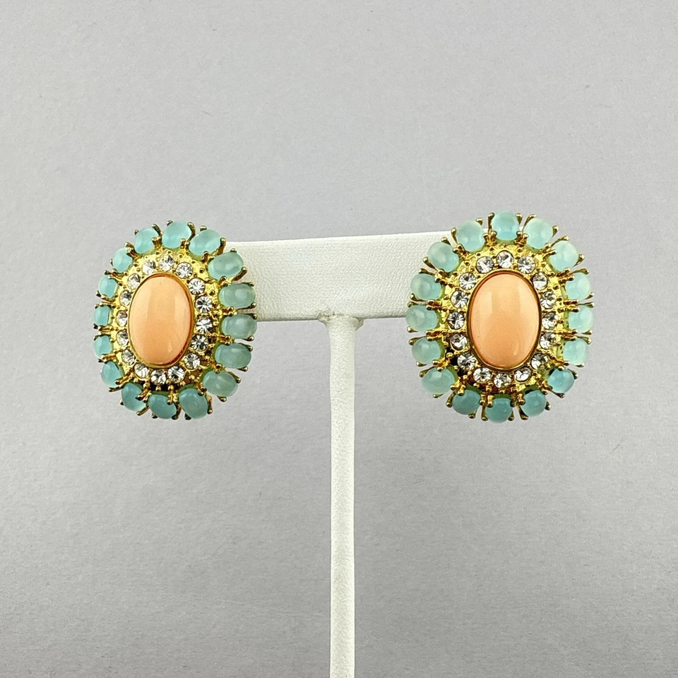 Pendientes de Diseñador HSN Cabujón Azul Coral Transparente Omega Trasero Tono Dorado ALTO EXTREMO Foto 2 de 4