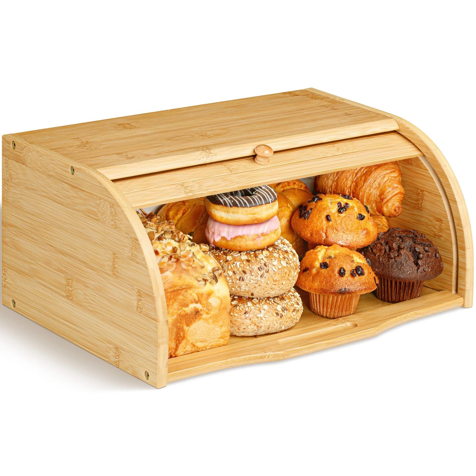 Bamboo Bread Box for Kitchen Countertop, Large Wooden Food Keeper W/Rolling L...