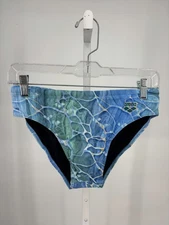 Arena Swim Brief Mens 34 Blue Green Water Day Print Chlorine Resistant Sport NWT