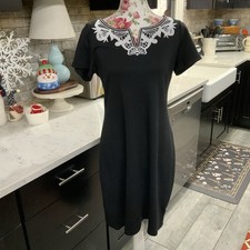 Talbots Petites PM Notch Neck Knit Sheath Dress Black White Embroidery New