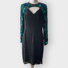 Nite Line 100 Silk Dress Fully Beaded Sequins Long Sleeve Vintage Size 8 Black