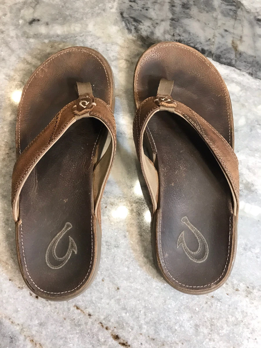 mens 10 Olukai flip flop Nui Rum sandals brown leather EUC | eBay