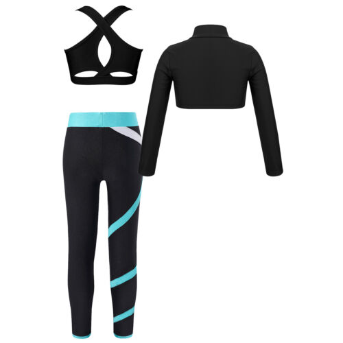 Girls 3Pcs Dance Sports Outfit Bra Crop Top with Athletic Leggings Tracksuit Set - Picture 5 of 57