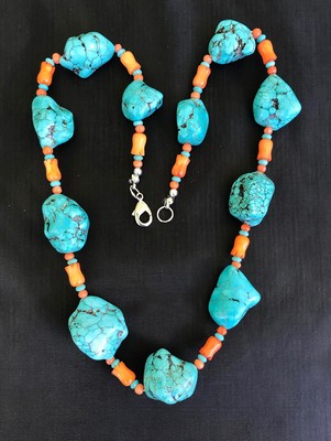 NATURAL TURQUOISE  STONE NUGGETS AND SALMON CORAL TULIPS BEADS NECKLACE