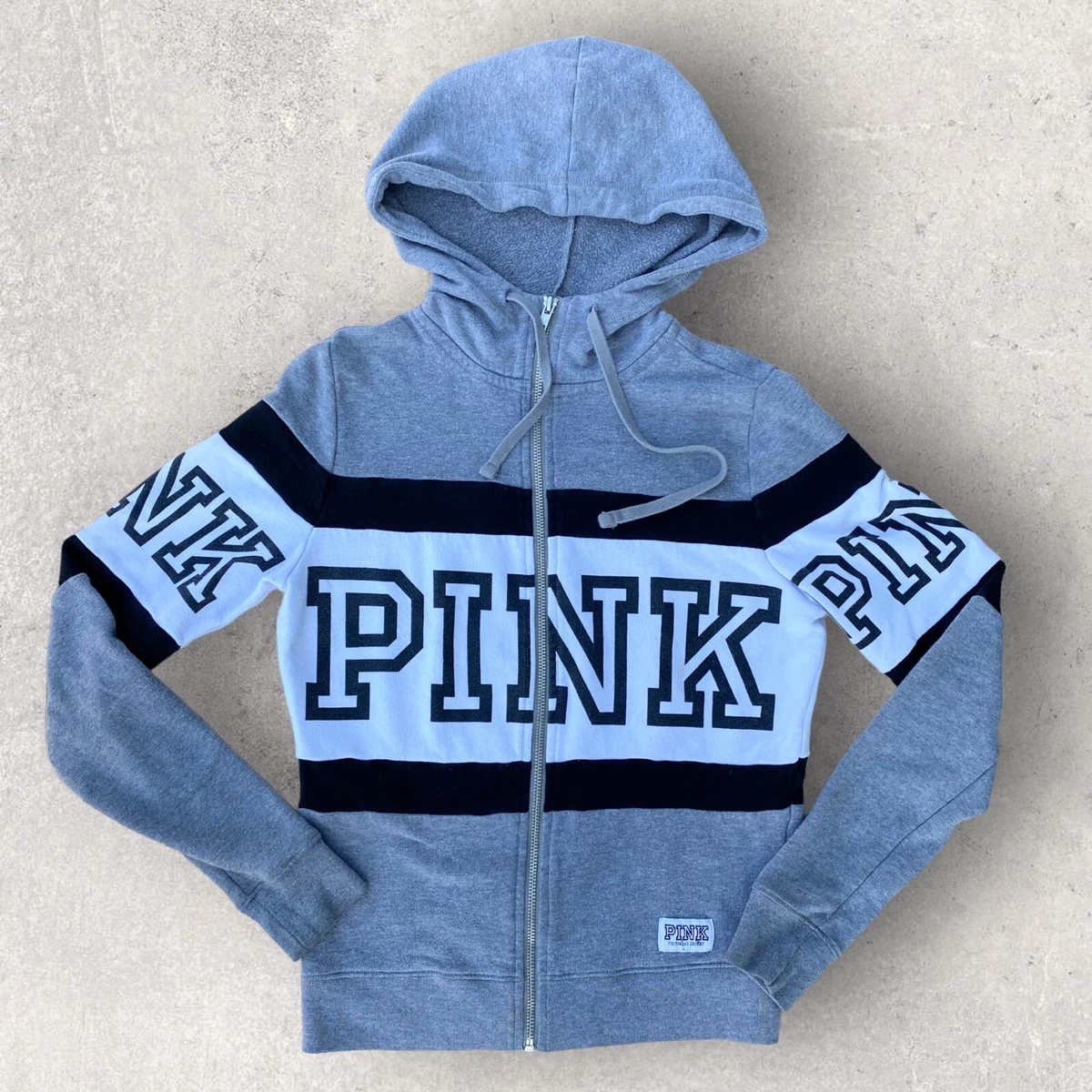 Victoria Secret PINK Fleece Hoodie Sweatshirt Full Zip XS - Gray w/Stripes  u0026amp; Log | eBay