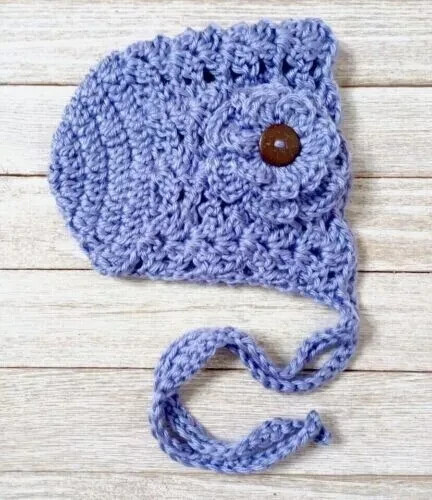handmade crochet baby hat flower bonnet newborn 0/3 lavender purple shells