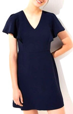 LOFT Ann Taylor Woven Fringe Flutter Sleeve Fit & Flare Short Dress Navy Blue 0
